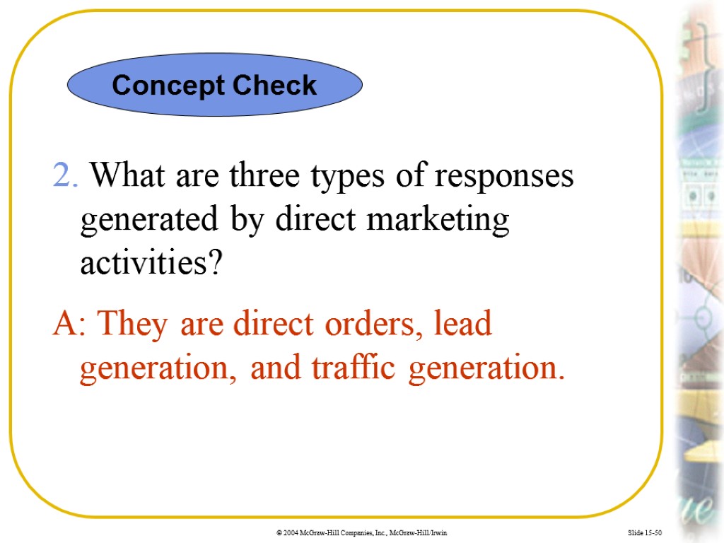 Slide 15-50 2. What are three types of responses generated by direct marketing activities?